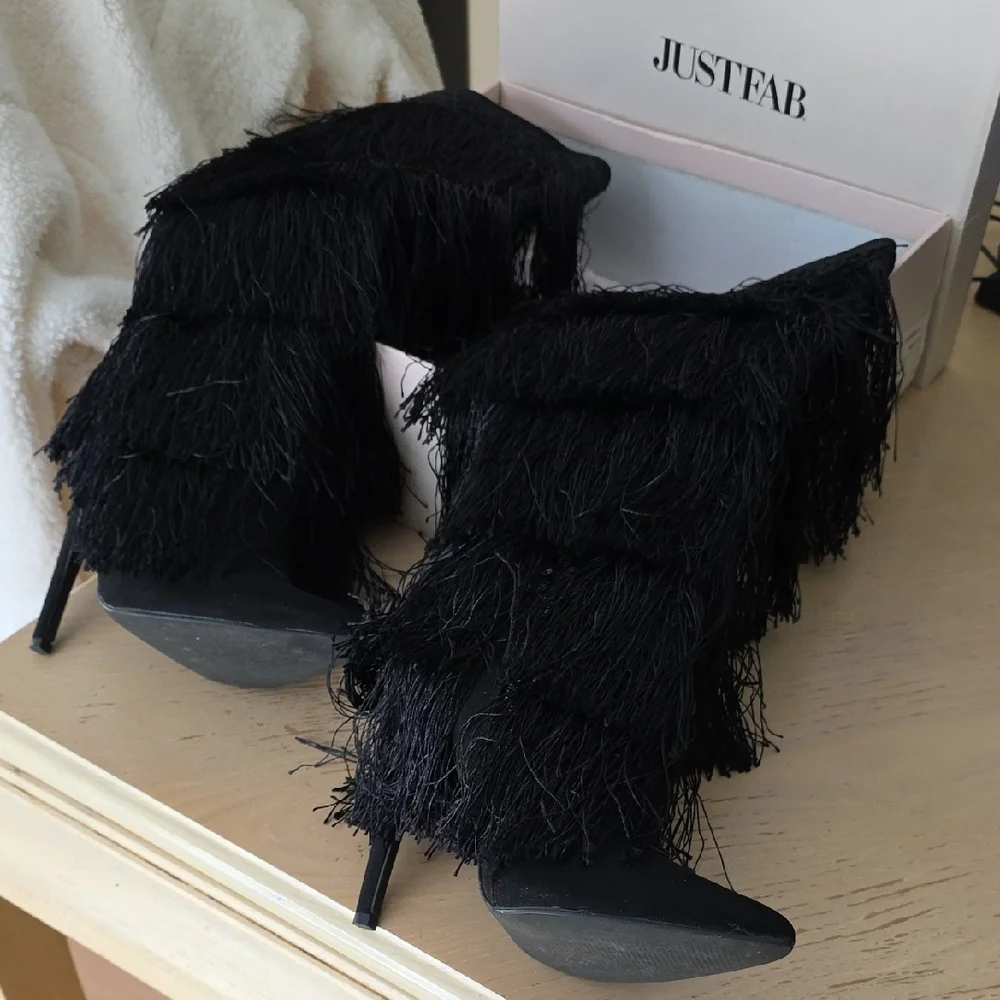 JustFab Black Fringe Heeled Boots - Picture 2 of 3